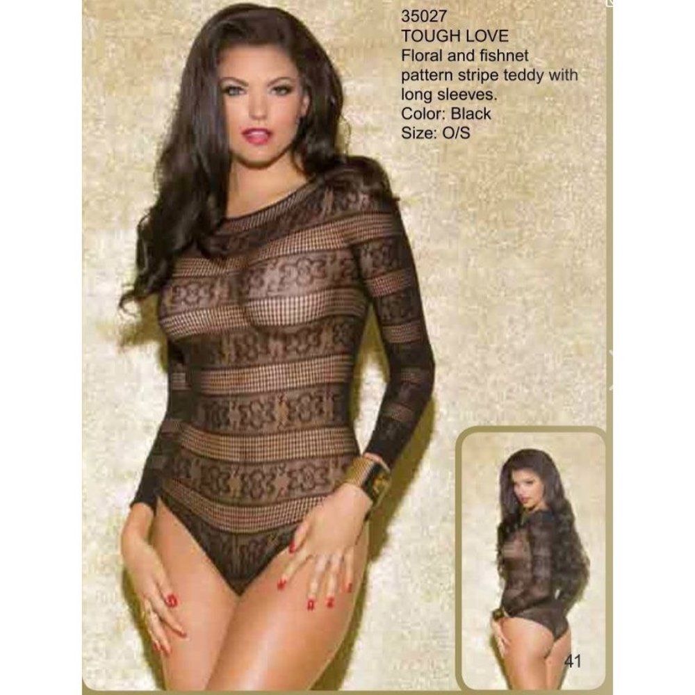 Glitter lingerie NEW long sleeve floral fishnet pattern teddy‎